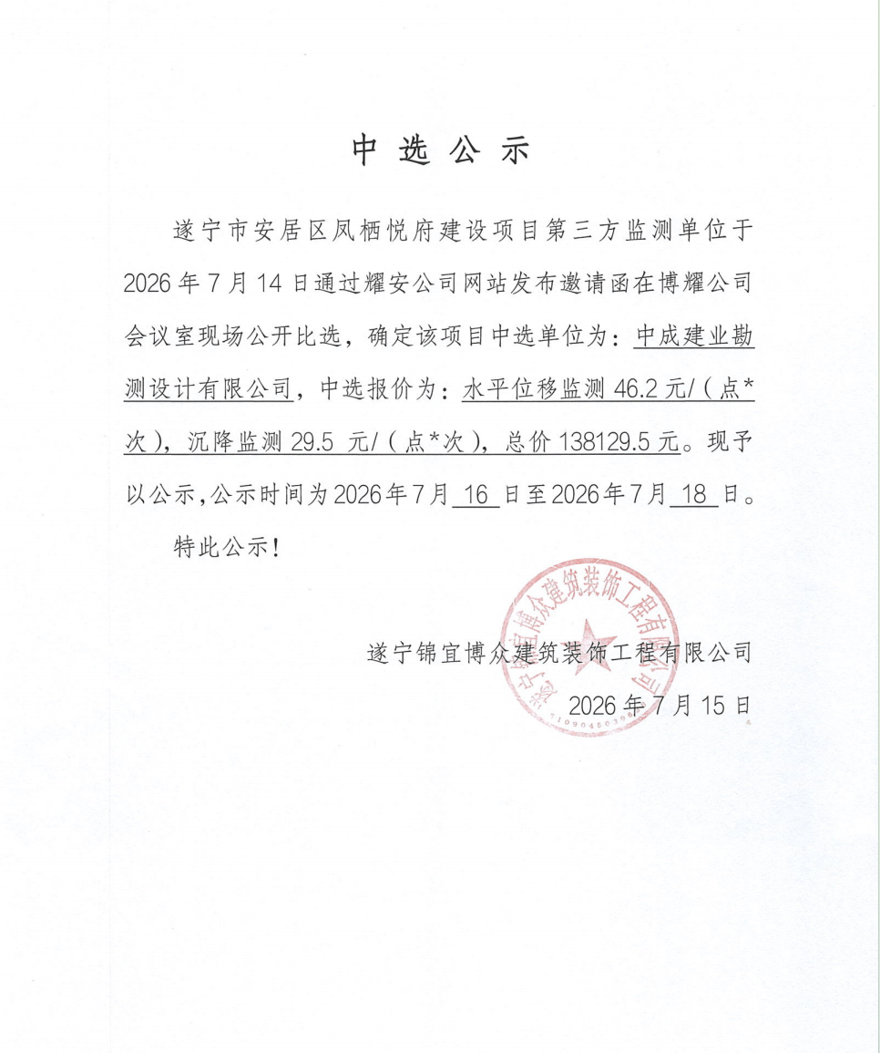 遂宁市安居区凤栖悦府建设项目第三方监测单位中选公示